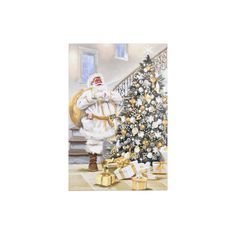 a painting of santa claus standing in front of a christmas tree with presents under it