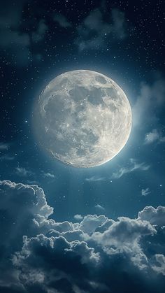 the full moon is shining brightly in the night sky with clouds and stars around it