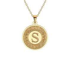 Explore the elegance of our Greek Key Disc Necklace featuring an Initial. Crafted in solid gold or sterling silver, this pendant seamlessly blends classic Greek design with personalized touch. The Greek key motif, symbolizing eternity and unity, encircles your chosen initial, creating a harmonious fusion of tradition and individuality. Its timeless design and meaningful engraving make it a versatile accessory, radiating your cultural pride and unique identity. Luxury Initials Round Pendant Jewelry, Classic Yellow Gold Initial Necklace, Tarnish Resistant, Classic Yellow Gold Initial Necklace Tarnish Resistant, Classic Yellow Gold Initial Necklace, Classic Round Pendant Jewelry With Initials, Luxury Yellow Gold Initial Necklace In Sterling Silver, Classic 14k Gold Initial Pendant Necklace, Luxury Round Initial Necklace For Anniversary, Classic White Gold Monogram Initial Necklace