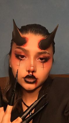 Devils Makeup Halloween, Hallowe’en Makeup, Devil Girl Makeup Halloween, Devil Makeup Women, Black Devil Makeup Halloween, Devil Inspired Makeup, Succubus Makeup Halloween