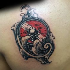 a man with a clock tattoo on his back