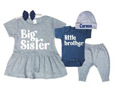 Big Sister / Little Brother Set Includes: Big Sister Peplum Style shirt  Headband Little Brother Bodysuit Beanie 0-3 M Pants Newborn Boy Coming Home Outfit, Outfit Matching, Hospital Outfit, Sibling Shirts, Sister Shirt, Going Home Outfit, Baby Boy Clothing Sets, Brother Shirts, Big Sister Shirt