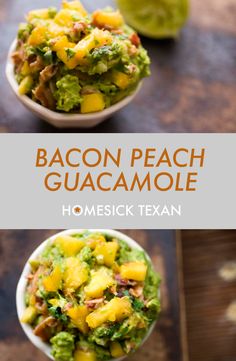 bacon, guacamole and pineapple salsa in two white bowls on a wooden table