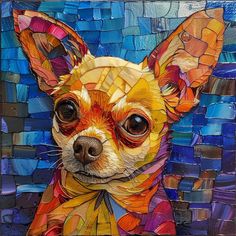 a painting of a small chihuahua dog with colorful mosaics on it's face