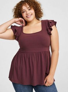 FIT Model is 5'10. 5” wearing size 1. . Measures 30” from shoulder (size 2). Babydoll silhouette. MATERIALS + CARE Super Soft Rib knit fabric: Tucked in or not, this ultra-soft and stretchy textured knit is your perfect base layer. . Stretch level: Maximum. 59% polyester, 31% rayon, 10% spandex. Machine wash cold. Line dry. . Imported. DETAILS Square neckline. . Short ruffle sleeves. The best plus size women's super soft rib square neck double ruffle babydoll & empire waist tops in sassafras mad Black Beachwear, Kimono Shrug, Empire Waist Tops, Rib Knit Fabric, Sheer Shorts, Black Wedding Dresses, Ruffle Sleeves, Sweaters And Jeans, Urban Outfits