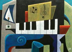 an abstract painting with musical notes and piano keys