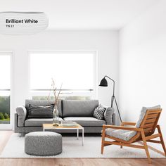 a modern living room with white walls and wood flooring is furnished with gray furniture