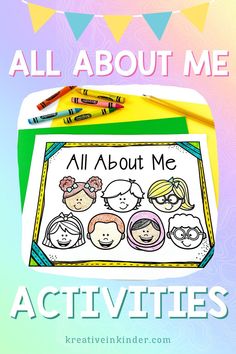 an all about me activity book with pencils and markers