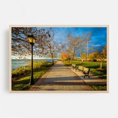 a park bench sitting on the side of a road next to a lamp post and water