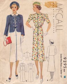 This vintage McCall sewing pattern was designed in 1937. It makes a slim dress and a cardigan jacket. Size 18: Bust 36   ---   Waist 30   ---   Hip 39. It is a printed pattern that is unused and still in factory folds. The instructions are included. The envelope has typical age wear and will arrive in an archival sleeve. To see more vintage dress patterns: https://www.etsy.com/shop/studioGpatterns?section_id=6940891 To visit my shop: https://www.etsy.com/shop/studioGpatterns 1937 Fashion, Robes Vintage, 1930s Dress, Vintage Dress Patterns, Dress And Jacket, Slim Dress, 1930s Fashion, Mccalls Patterns, Pattern Dress