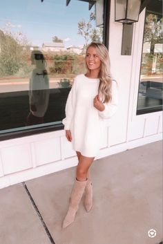 Sweater Dress High Boots, Casual Fall Bride Outfit, White Sweater Dresses, Sweater Dress With High Boots, Sweater Dress White, Engagement Party Outfit For Bride Winter, Christmas Dresses With Boots, Fall Bride Outfit, Wedding Outfit With Boots