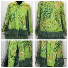 Womens Lime Green Upcycled Jacket Lacey Ruffled Hem Plus Size Butterfly Sides Boho Hippy Wear Sequined Embroidered Gold Stitching Trim - Etsy Spring Party Outerwear With Lace Trim, Spring Fitted Outerwear With Lace Trim, Fitted Outerwear With Lace Trim For Spring, Summer Sequined Long Sleeve Outerwear, Sequined Long Sleeve Summer Outerwear, Fitted Lace Trim Outerwear For Spring, Spring Party Outerwear With Patchwork, Spring Embellished Cotton Outerwear, Embellished Cotton Outerwear For Spring