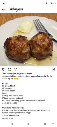 two meatballs on a white plate with butter