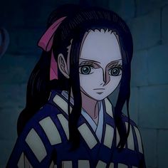 an anime character with long black hair and blue eyes, wearing a striped shirt in front of a brick wall