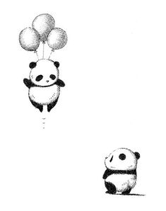 two pandas are flying with balloons in the sky above their heads, one is black and white