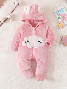 Newborn Baby Girl Cute Cloud Pattern Applique Hooded Zip-Up Warm Flannel Romper, Fall/Winter Baby Pink   Long Sleeve Knitted Fabric Animal,Cartoon Baby Sleepsuit Slight Stretch  Baby Girls Clothing, size features are:Bust: ,Length: ,Sleeve Length: