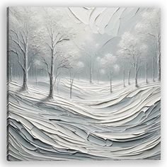 an abstract painting with trees and snow in the foreground, on a white background