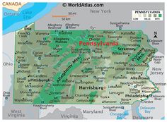 a map of pennsylvania with the capital and major cities on it's border line