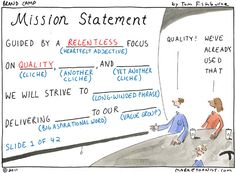 a cartoon drawing of two people sitting in front of a whiteboard with the words mission statement written on it