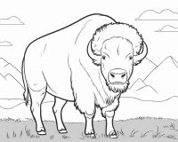 a drawing of a bison standing on top of a grass covered field with mountains in the background