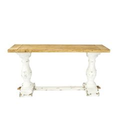 a wooden table with two white legs and a light colored wood top, against a white background