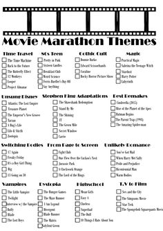 a movie marathon checklist is shown in black and white