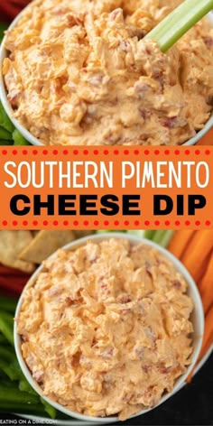 two bowls filled with dip and carrots on top of each other, the text southern pimentoo cheese dip