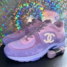 Chanel Trainers Size 40, Us 10 Gorgeous Multi Purple Hued, Suede And Lambskin Sneakers. Comes With Extra Laces In Purple And White, Dust Bags, And Box. Never Worn, Limited Color, Perfect Summer Piece Luxury Purple Low-top Sneakers, Designer Purple Low-top Sneakers, Purple Chanel, Chanel Items, Chanel Trainers, Purple Trainers, Shoes Chanel, Purple Hues, Purple And White