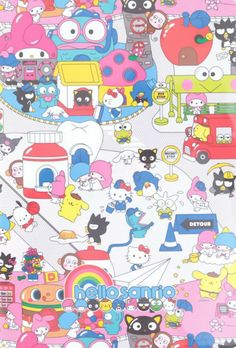 a large group of cartoon characters on a white background with pink, yellow and blue colors