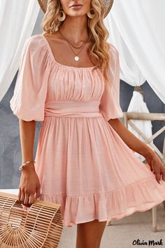 Color: Bow Knot Square Neck Ruffled High Waist Mini Dress, Size: (US 12-14)L Square Neck Mini Dress, Chiffon Summer Dress, Lantern Sleeve Dress, Tie Dress, Outfit Casual, Ruffle Dress, Casual Outfit, Half Sleeves