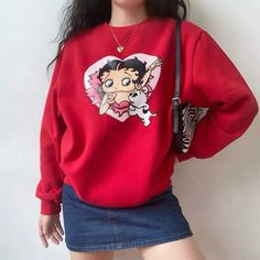 Doll Cartoon, Preppy Look, Vintage Crewneck, Round Neck Sweatshirts, Vintage Cartoon, Crop Top Blouse, Oversized Sweatshirt, Betty Boop, Cartoon Print