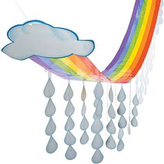 a rainbow shaped kite with clouds and raindrops hanging from it's sides