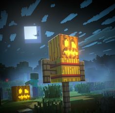 an image of a minecraft game with pumpkins on the sign and sky in the background