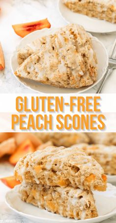 gluten - free peach scones on a white plate with the title above it