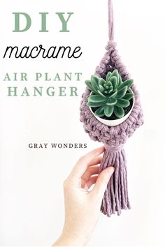 a hand holding a small plant hanging from a rope with the words diy macrame air plant hanger