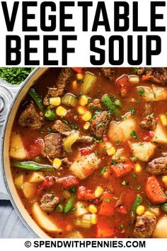 a pot full of vegetable beef soup with text overlay that reads, how to make vegetable beef soup