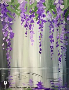 a painting of purple flowers hanging from the ceiling