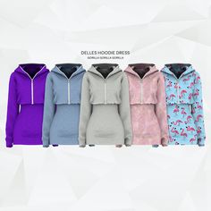 four different styles of hoodies with flamingos on the front and back, all in various colors