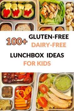 the lunch box is filled with different types of food and has text overlay that reads, 100 + gluten - free dairy - free lunchbox ideas for kids