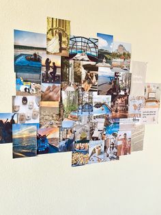 a collage of pictures hanging on the wall with magnets attached to it's sides