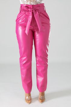 Isn't She Just Darling! -Faux Leather Pants -Very Little Stretch -Belt include -Runs a little larger in waist Care: Hand wash cold water Pu Leather Pants Outfit, Bow Tie Pants, Leather Pants Outfit, Stretch Belt, Pants Large, Waist Strap, Faux Leather Pants, Pink Leather, Clip On