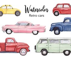 four different colored cars are shown in this watercolor painting style, with the words'watercolor retro cars'above them