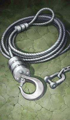 a drawing of a rope with two hooks attached to it and another hook on the ground