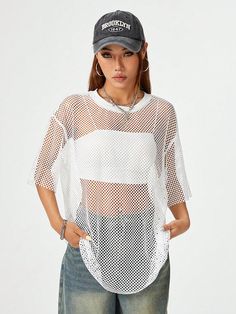 White Sexy Collar Half Sleeve Mesh Fabric Plain  Embellished Non-Stretch  Women Clothing Sheer Top Outfit Summer, Net Shirt, Fish Net Outfits, White Fishnet Outfit, White Net Top, White Mesh Shirt, Sheer Top Outfit, Fishnet Outfit, Top Summer Outfits