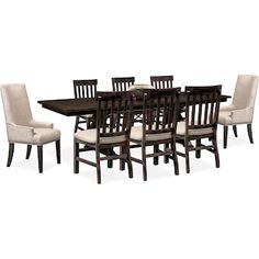 a dining room table and chairs with white upholstered seats