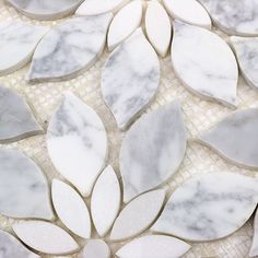 white and grey marble mosaic tile with leaves on it's sides, all over a beige background