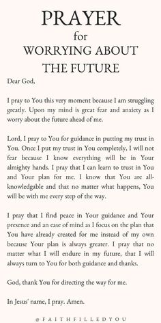 the prayer for praying about the future is shown in black and white, with an image of