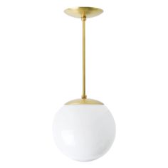 a white ball hanging from a gold colored ceiling light