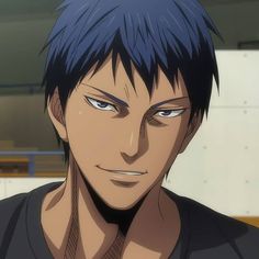 an anime character with blue hair and black shirt looking at the camera while staring into the distance