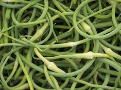 green beans are piled up together in this close - up photo, with the stems still attached